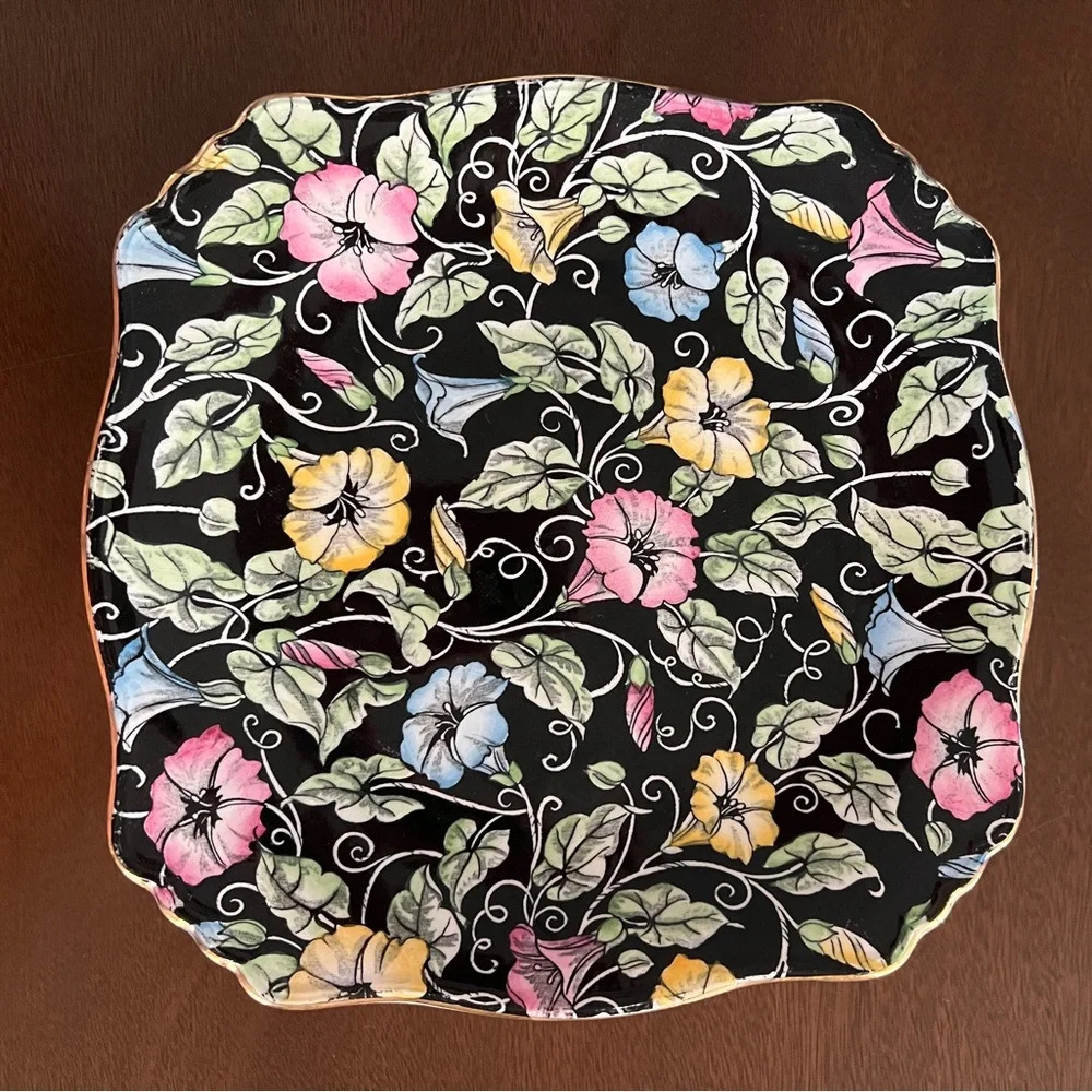 Rare Royal Winton Grimwades Morning Glory Square Pedestal Cake Plate 8x8”